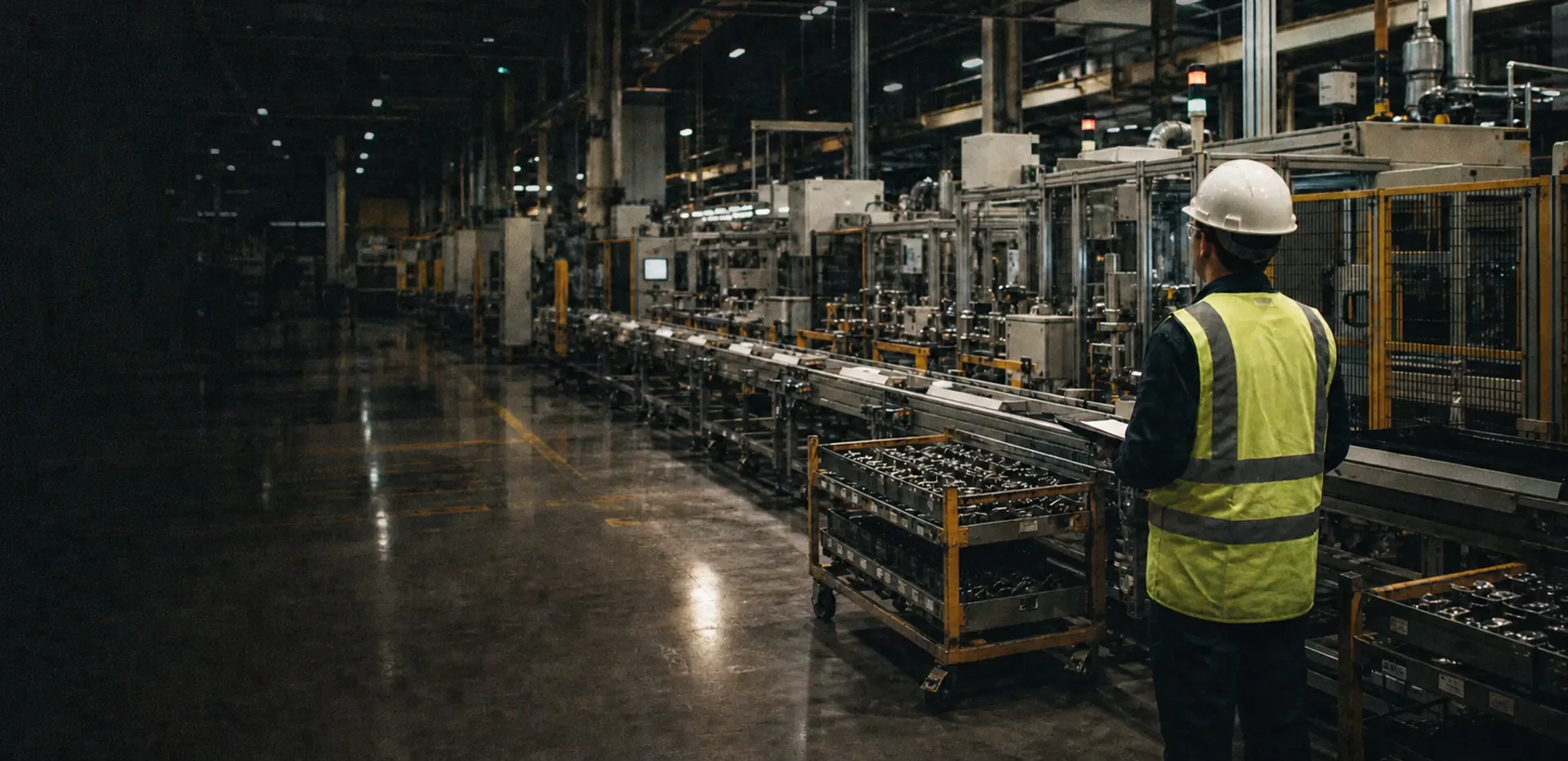 Production planner observing an automated manufacturing line